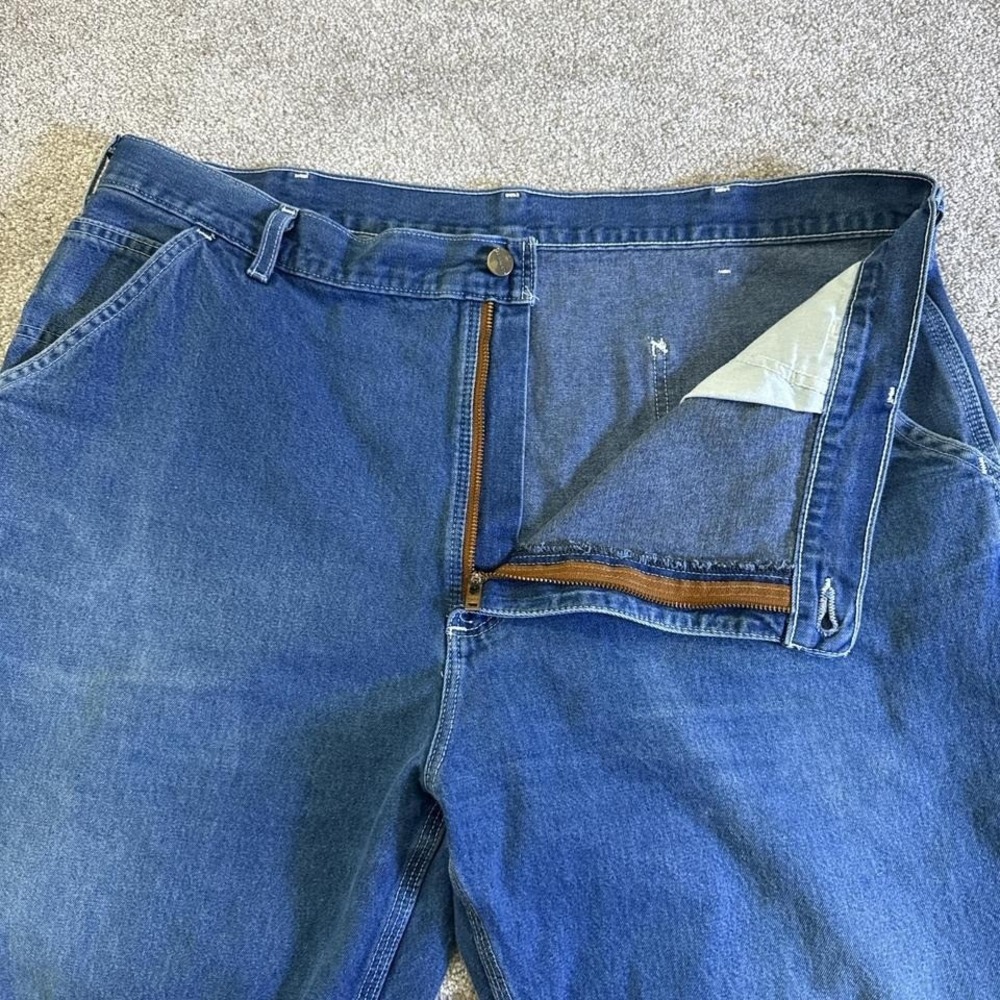 Carhartt Denim Carpenter Jeans 42x30 Workwear Blue Jeans Leather Patch - Picture 3 of 8